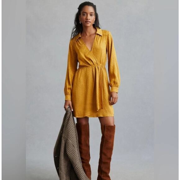 Anthropologie‎ Long-Sleeve Mini Dress Leopard Print Gold Size Medium - Picture 1 of 10